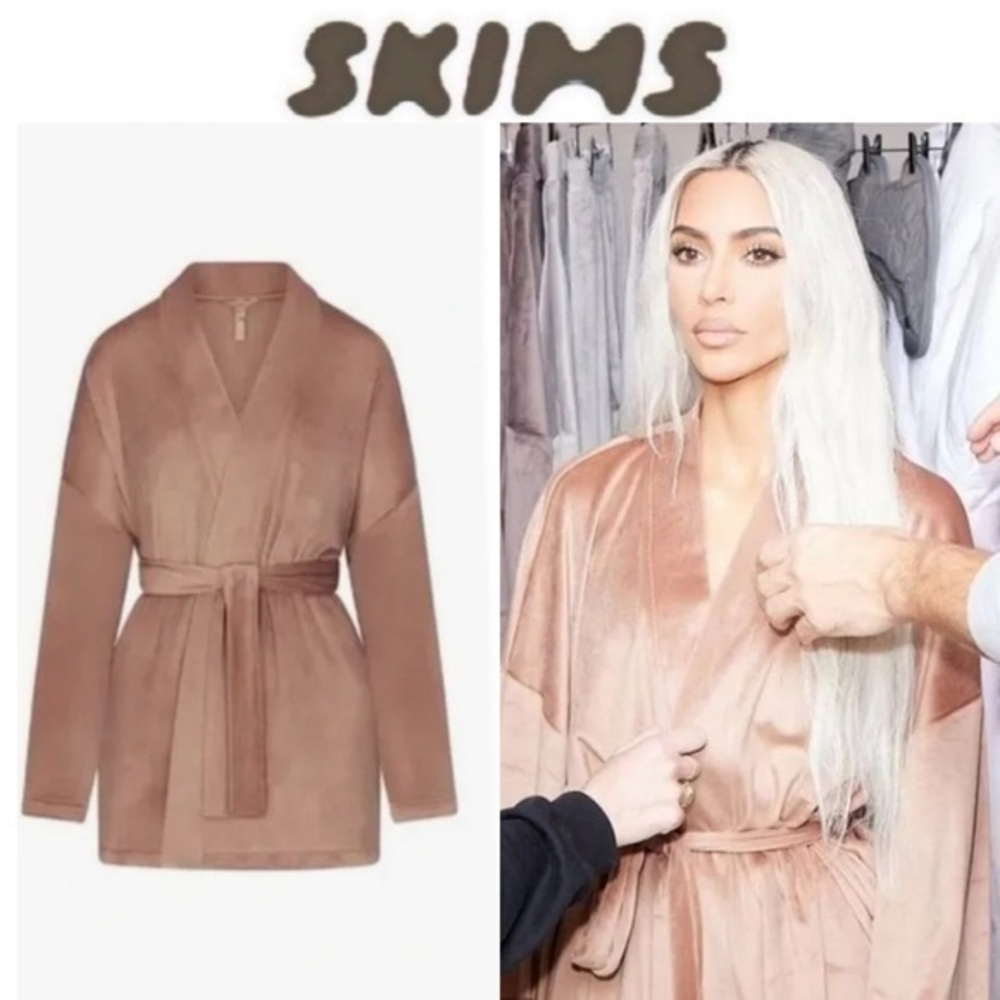 SKIMS Velour Wrap Natural Short Robe Fleece Sienna sz S NWT